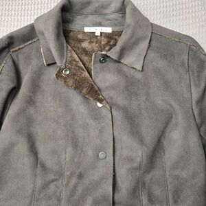 Cabi Faux Suede Fur Lined Jacket Gray Snap Front Raw Edge Style 335 Womens M